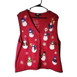 Vintage Segue Snowman Sweater Vest Size XL Red Embroidered Christmas